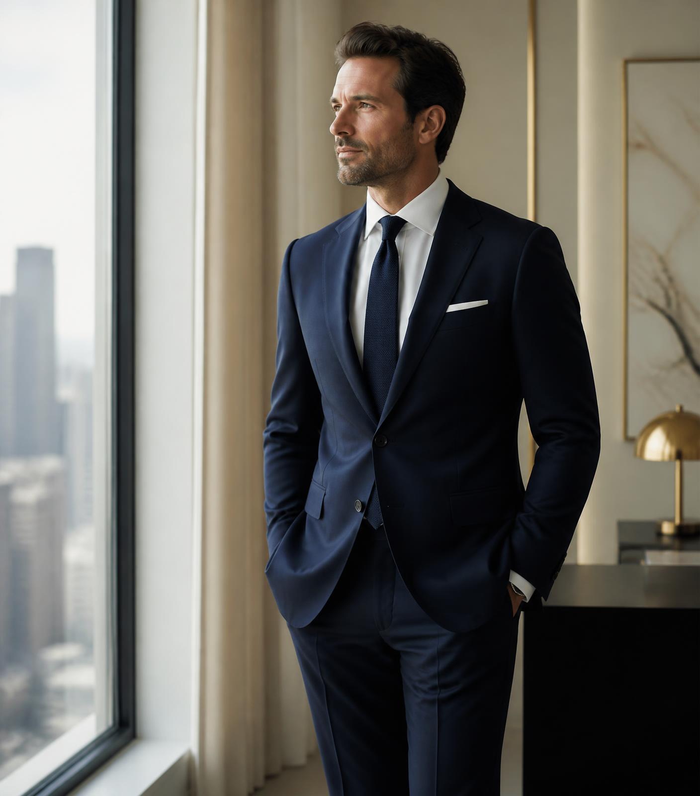 An executive standing beside a window in a calm, modern office, considering their next career move.